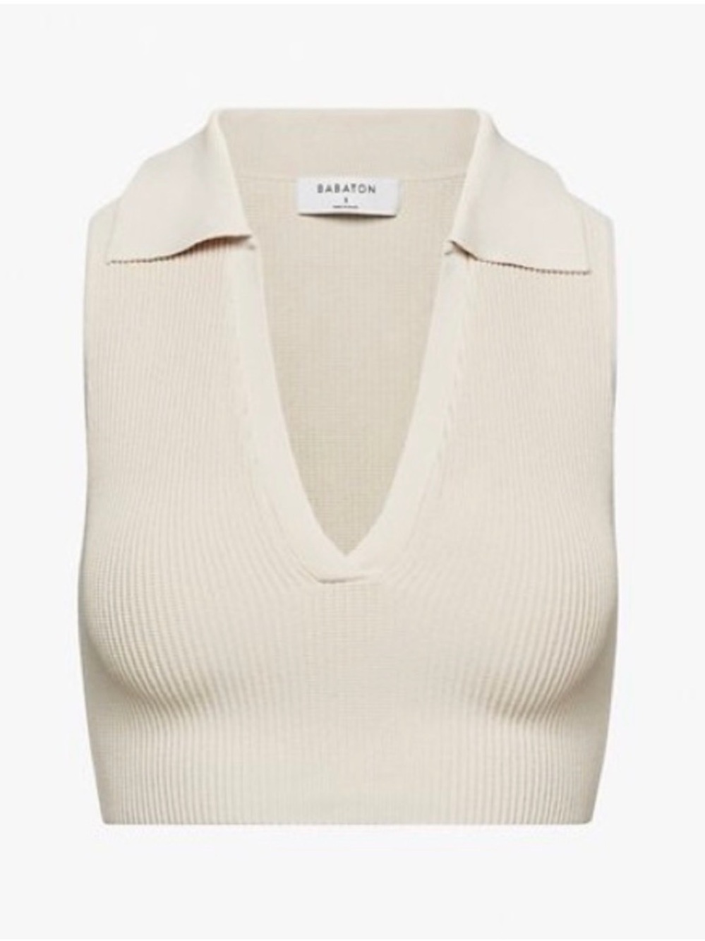 Babaton Aritzia Sculpt Knit Ribbed V-Neck Sleeveless Polo Top in Cream